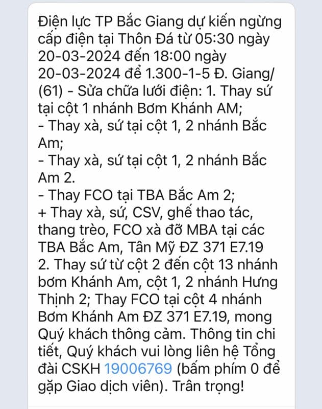 Thống báo ngừng cấp điện của điện lực Bắc Giang